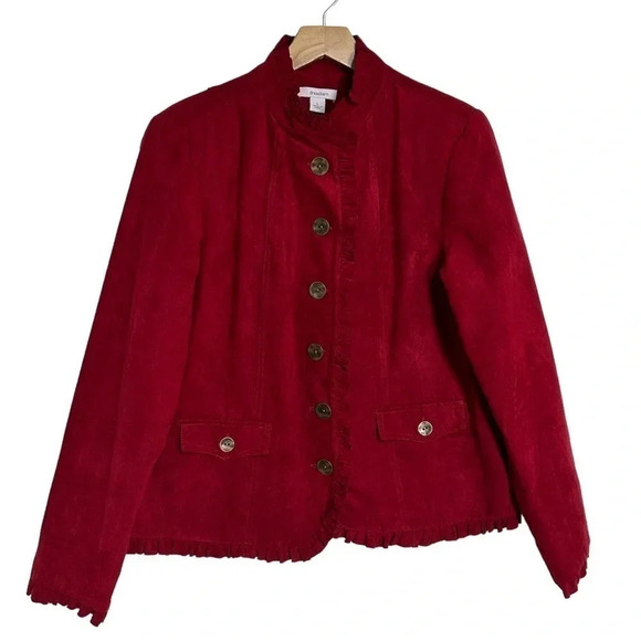 Dressbarn L faux suede rich red ruffle trimmed button down jacket - Picture 2 of 5